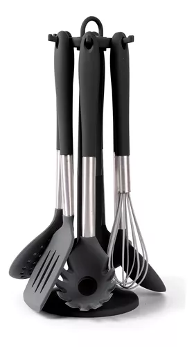 Set 6 Utensilios Silicona Y Acero Con Soporte Giratorio