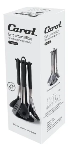 Set 6 Utensilios Silicona Y Acero Con Soporte Giratorio